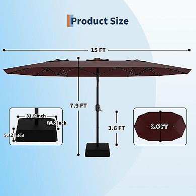 15 Ft Rectangular Patio Umbrella with Solar Lights & Base Included - Large Patio Umbrella