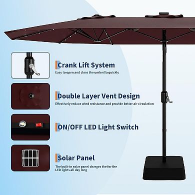 15 Ft Rectangular Patio Umbrella with Solar Lights & Base Included - Large Patio Umbrella