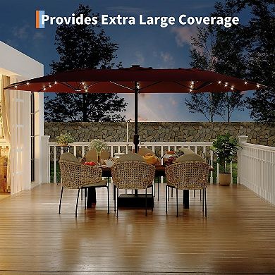 15 Ft Rectangular Patio Umbrella with Solar Lights & Base Included - Large Patio Umbrella