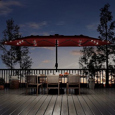 15 Ft Rectangular Patio Umbrella with Solar Lights & Base Included - Large Patio Umbrella
