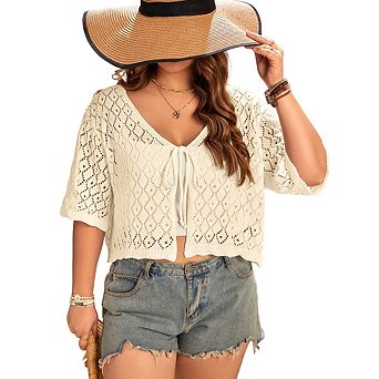Women's Summer Short Sleeve Crochet Shrug Tie Front Open Knit Cropped Cardigan Lightweight Cover Up
