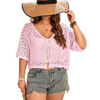 Women's Summer Short Sleeve Crochet Shrug Tie Front Open Knit Cropped Cardigan Lightweight Cover Up