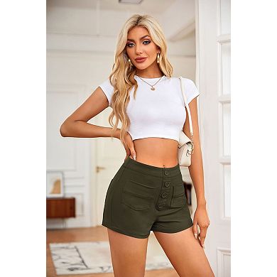 Women's High Stretch Yoga Shorts with Button Detail & Multi-Pockets