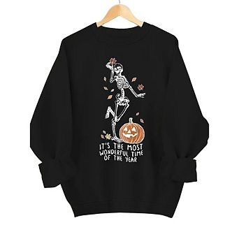 Women Plus Size Round Neck Long Sleeve Skull Print Pumpkin Pullover Fleece Sweatshirt