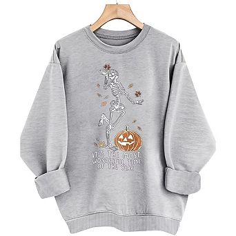 Women Plus Size Round Neck Long Sleeve Skull Print Pumpkin Pullover Fleece Sweatshirt