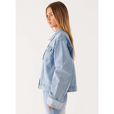 Women's Denim Jacket Oversized Fit Button Down for Casual Everyday Wear with Chest Pockets