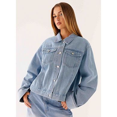 Women's Denim Jacket Oversized Fit Button Down for Casual Everyday Wear with Chest Pockets