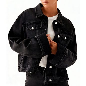 Women's Denim Jacket Oversized Fit Button Down for Casual Everyday Wear with Chest Pockets