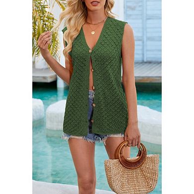 Women's Casual Button Down Sleeveless V Neck Cardigans Knit Sweater Summer Crochet Top