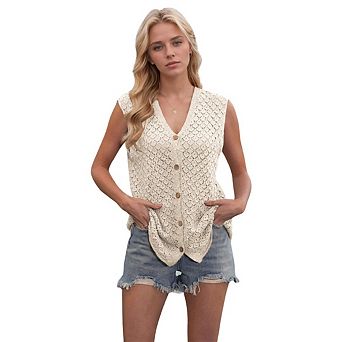 Women's Casual Button Down Sleeveless V Neck Cardigans Knit Sweater Summer Crochet Top