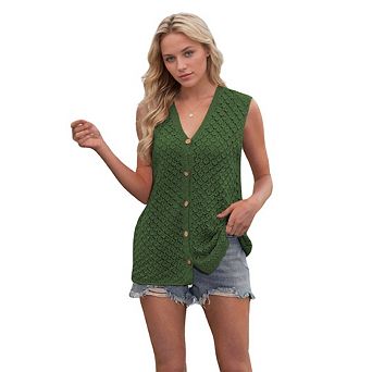 Women's Casual Button Down Sleeveless V Neck Cardigans Knit Sweater Summer Crochet Top