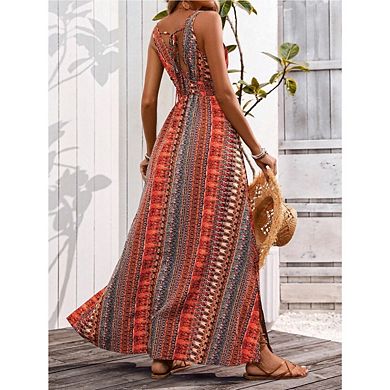 Women's Boho Maxi Dress Stripe V-Neck Maxi Dress Sleeveless Wide Strap Tie Back Split Dress