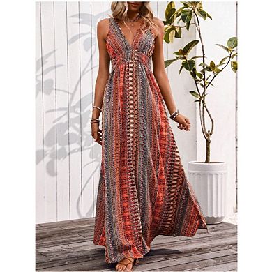 Women's Boho Maxi Dress Stripe V-Neck Maxi Dress Sleeveless Wide Strap Tie Back Split Dress