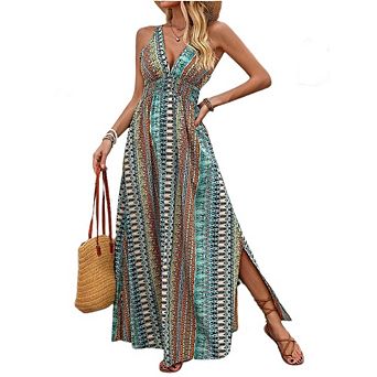Women's Boho Maxi Dress Stripe V-Neck Maxi Dress Sleeveless Wide Strap Tie Back Split Dress