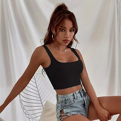 Women Rib Workout Top Square Neck Crop Tank Fitted Basic Cami Tops