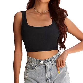 Women Rib Workout Top Square Neck Crop Tank Fitted Basic Cami Tops