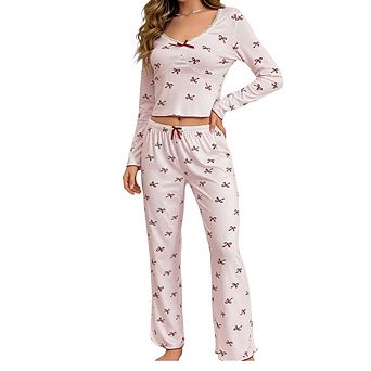 Women's 2 pc Printed Long Sleeve Pajama Set With Bow Elastic Long Pants Comfortable Homewear