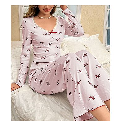 Women's 2 Piece Printed Long Sleeve Pajama Set With Bow Elastic Long Pants Comfortable Homewear