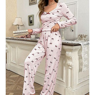 Women's 2 Piece Printed Long Sleeve Pajama Set With Bow Elastic Long Pants Comfortable Homewear