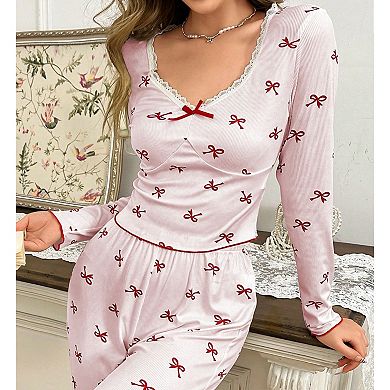 Women's 2 Piece Printed Long Sleeve Pajama Set With Bow Elastic Long Pants Comfortable Homewear