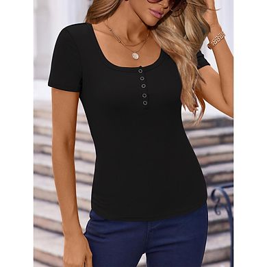 Womens Summer Tops Short Sleeve Shirts Ribbed Knit Square Neck Tshirt Casual Basic Slim Tee