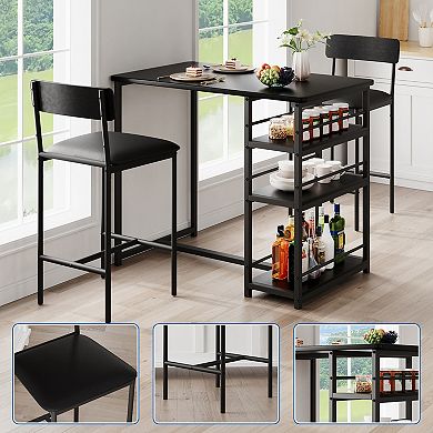 3-Piece Dining Table Set for 2, Bar Table & 2 Upholstered Chairs with 3 Large Storage Shelves