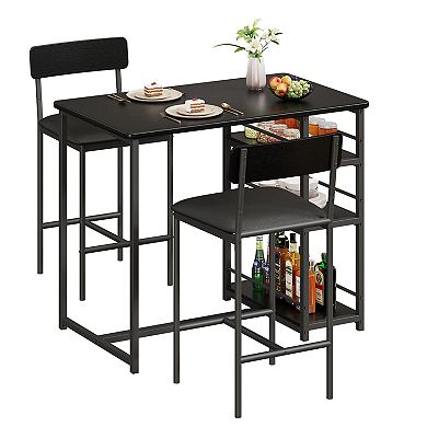 3-Piece Dining Table Set for 2, Bar Table & 2 Upholstered Chairs with 3 Large Storage Shelves