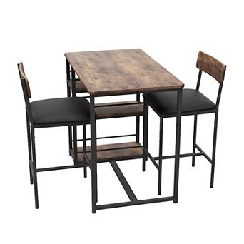 3 pc Dining Table Set for 2, Bar Table & 2 Upholstered Chairs with 3 Large Storage Shelves