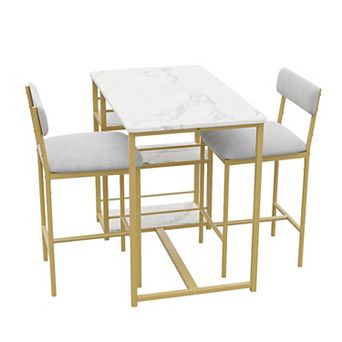 3 pc Dining Table Set for 2, Bar Table & 2 Upholstered Chairs with 3 Large Storage Shelves