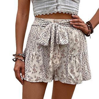 Women’s Printed Drawstring Elastic Waist A-Line Shorts with Tie Belt