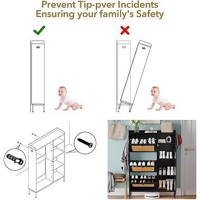 Freestanding Rattan Shoe Cabinet with 3 Flip Drawers and Open Side Storage, Adjustable Shelves