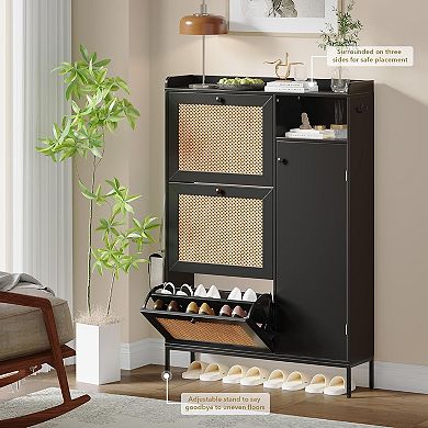 Freestanding Rattan Shoe Cabinet with 3 Flip Drawers and Open Side Storage, Adjustable Shelves