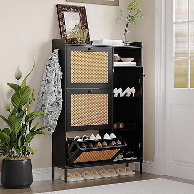 Freestanding Rattan Shoe Cabinet with 3 Flip Drawers and Open Side Storage, Adjustable Shelves