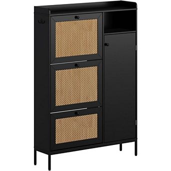 Freestanding Rattan Shoe Cabinet with 3 Flip Drawers and Open Side Storage, Adjustable Shelves