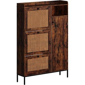 Freestanding Rattan Shoe Cabinet with 3 Flip Drawers and Open Side Storage, Adjustable Shelves