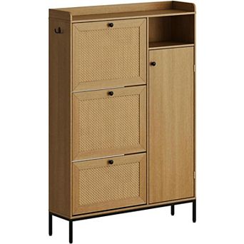 Freestanding Rattan Shoe Cabinet with 3 Flip Drawers and Open Side Storage, Adjustable Shelves