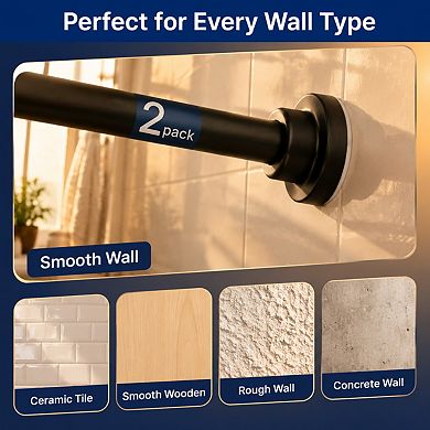 2 Pack Adjustable Spring Tension Curtain Rod Stainless Steel Matte Black No Drilling Multipurpose