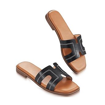 Women's Slip-On Leather Flat Summer Dressy Sandals