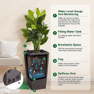 Tall Wicker Planter Set of 2 with Self-Watering Technology, Smart Water Gauge, 360° Wheels