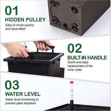 Tall Wicker Planter Set of 2 with Self-Watering Technology, Smart Water Gauge, 360° Wheels