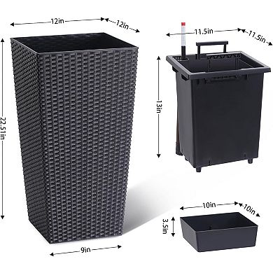 Tall Wicker Planter Set of 2 with Self-Watering Technology, Smart Water Gauge, 360° Wheels