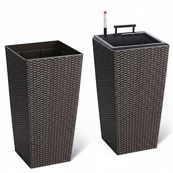 Tall Wicker Planter Set of 2 with Self-Watering Technology, Smart Water Gauge, 360° Wheels