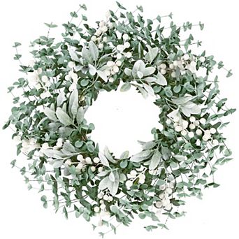 22" Artificial Boxwood Wreath Lambs Ear Berries Farmhouse Decor