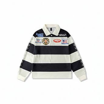 Long Sleeve Half-Placket Casual Versatile Striped Polo Shirt