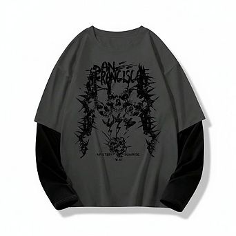 Casual Skull & Letter Print Colorblock Mock Layer T-Shirt