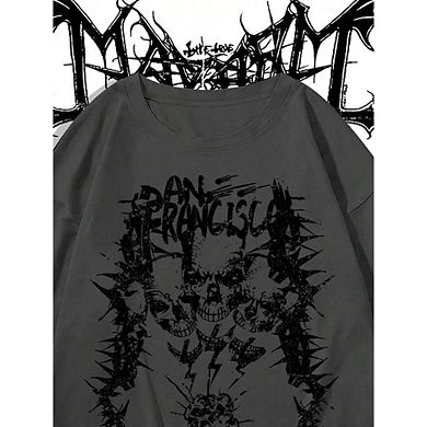 Casual Skull & Letter Print Colorblock Mock Layer T-Shirt