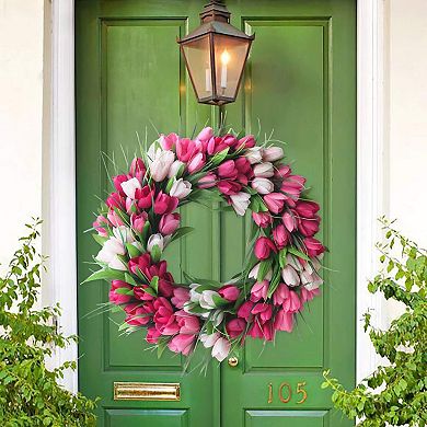 20" Spring Tulip Artificial Door Wreath for Front Wall Window Party Wedding
