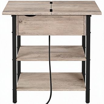 Rustic Flip Top End Table USB Charging Station Small Nightstand