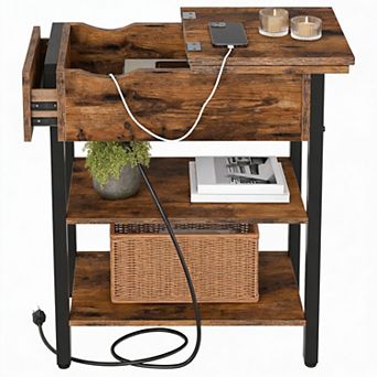 Rustic Flip Top End Table USB Charging Station Small Nightstand