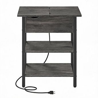Rustic Flip Top End Table USB Charging Station Small Nightstand